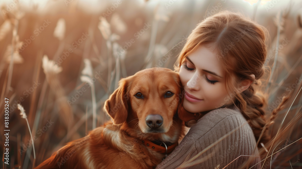 young woman with her loved dog friend on the field young woman with her loved dog friend on the field