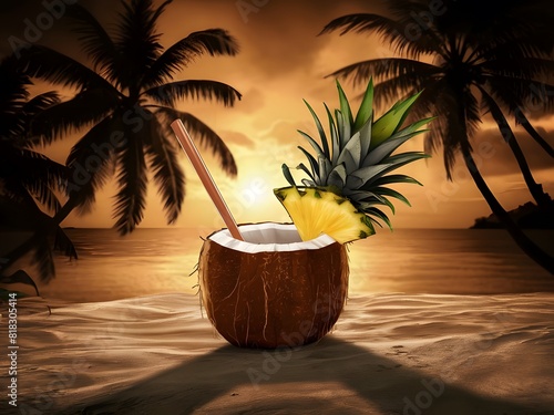 Tranquil ocean backdrop with setting sun  palm tree shadows  and pineapple coconut refreshment