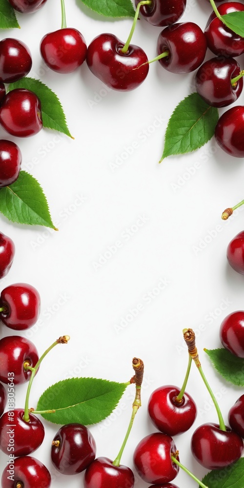 Fresh cherry fruits on white, frame shape. Copy space for text Fresh cherry fruits on white, frame shape. Copy space for text