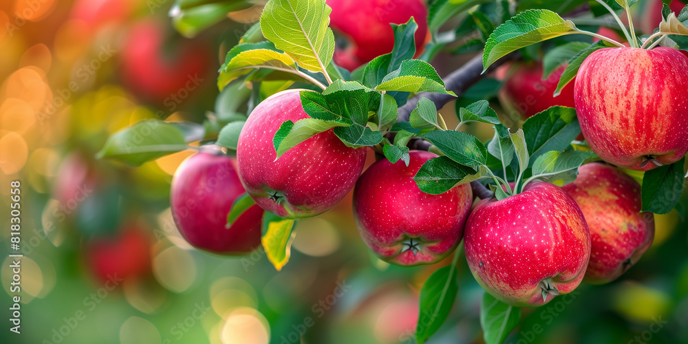 Red apples on a tree branch in an apple orchard during harvest time in the morning light Red apples on a tree branch in an apple orchard during harvest time in the morning light