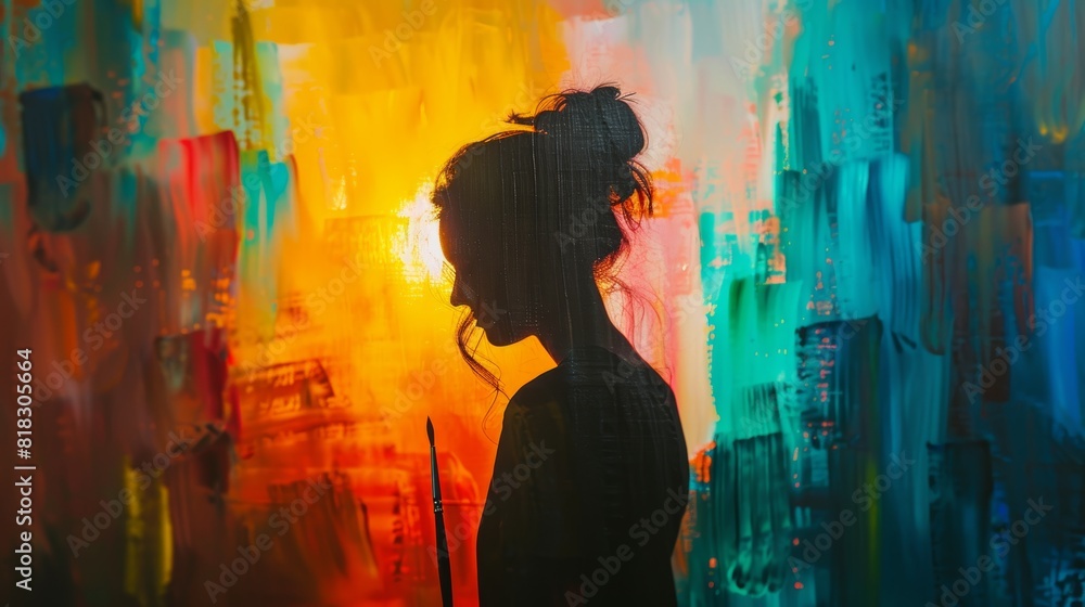 A painter working on a large canvas close up, focus on, copy space Colorful and expressive Double exposure silhouette with paint brushes A painter working on a large canvas close up, focus on, copy space Colorful and expressive Double exposure silhouette with paint brushes