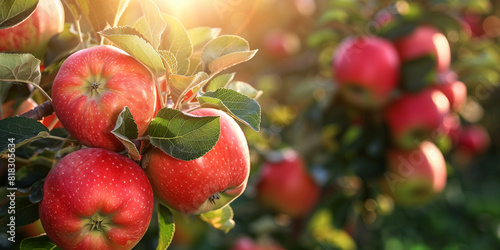 Red apples on a tree branch in an apple orchard during harvest time in the morning light