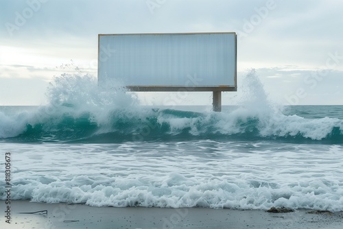 Ocean waves crashing behind a clean blank billboard