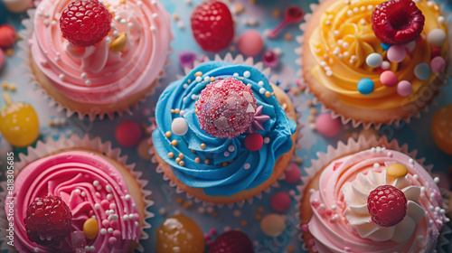 cupcakes and creamy decorated colorful cake on the table © Erzsbet