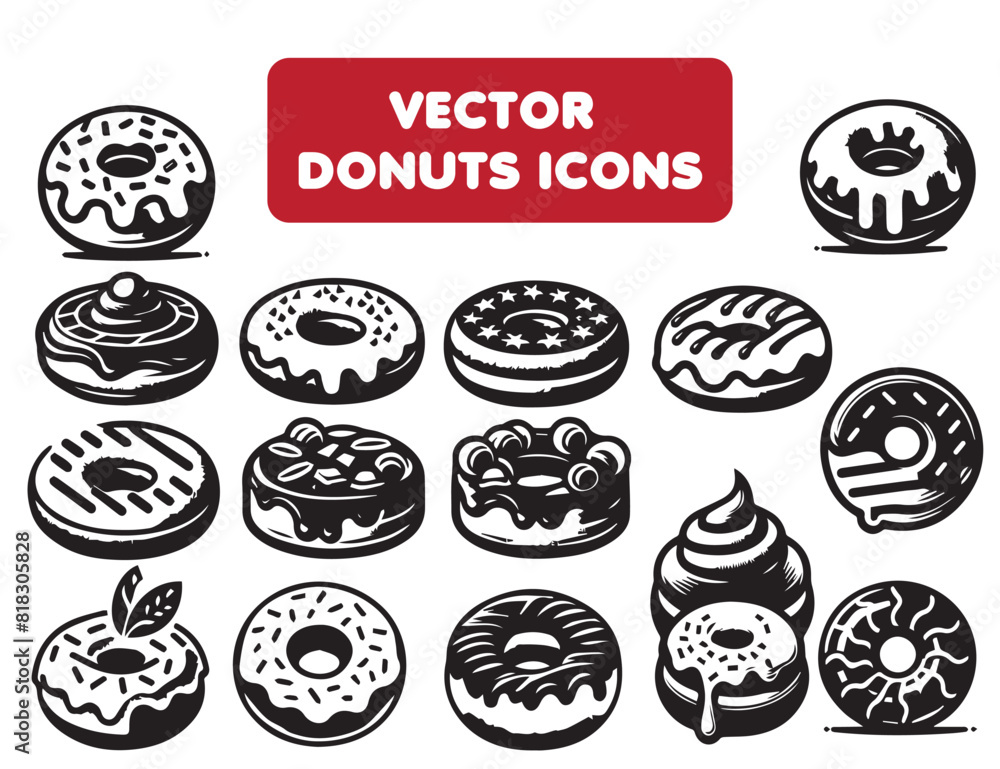 Bakery icon set of Glazed donut, doughnut, cake, cupcake Icon Silhouette isolated on white. Vector black bakery icons collection, Dessert & bakery, Carbohydrate, Food icon set, coffee and ice cream.