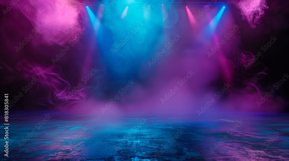 Fototapeta premium Vibrant Blue and Pink Lit Stage With Smoke