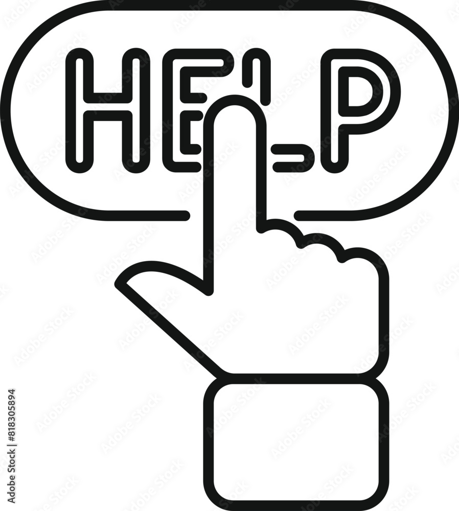 Vector illustration of a stylized hand pressing a help button, in a simple line art design Vector illustration of a stylized hand pressing a help button, in a simple line art design