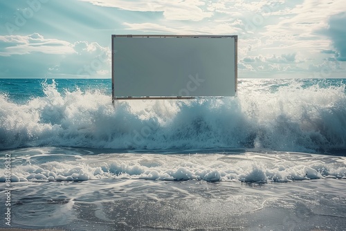 Ocean waves crashing behind a clean blank billboard