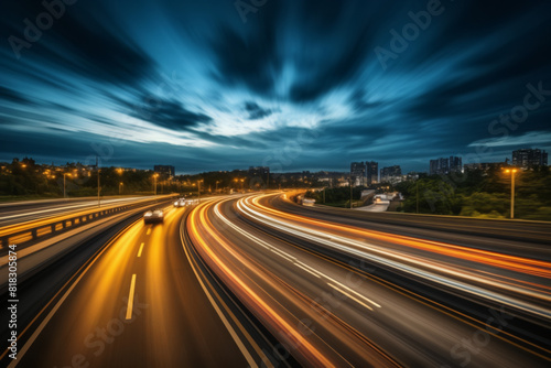 An abstract depiction of a bustling suburban highway at evening  illuminated by moonlight  with motion blur and mesmerizing light trails