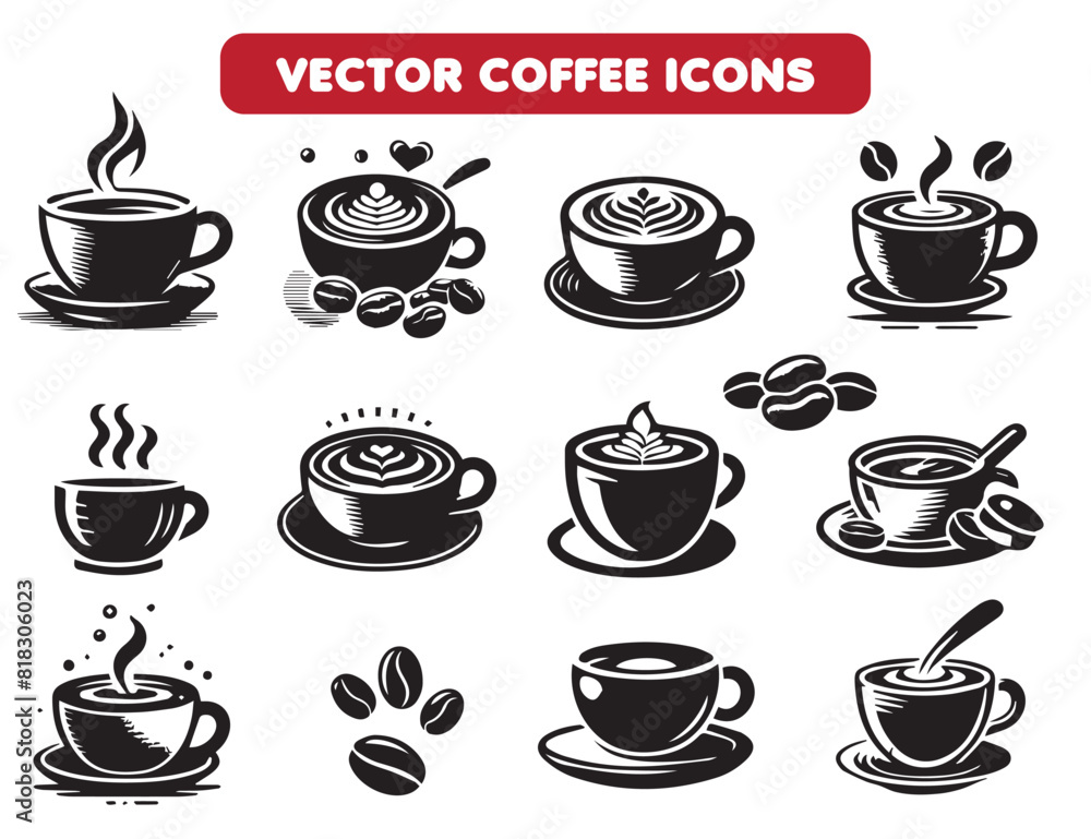 Coffee icon collection - vector outline illustration and silhouette

