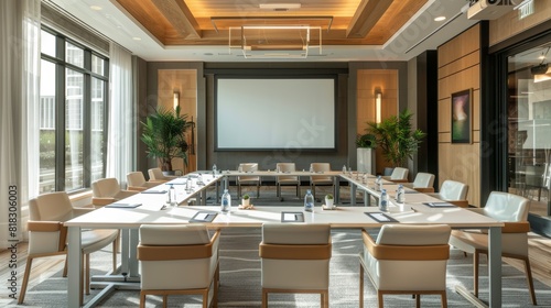 A modern meeting room with a long table, ergonomic chairs, and a large screen for presentations