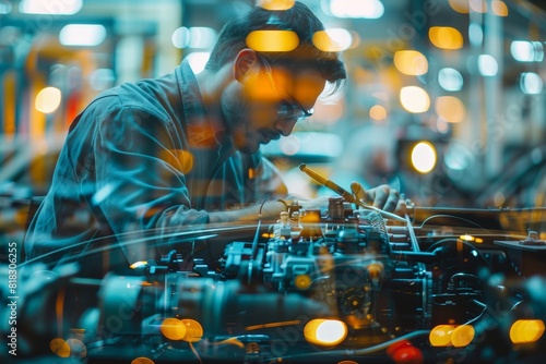 A man repairing a car engine close up, focus on, copy space Technical and handson Double exposure silhouette with tools