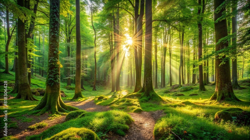 Generative ai. Sunlight filters through a lush, green forest with tall trees, casting rays and shadows on the moss-covered ground and winding pathways.