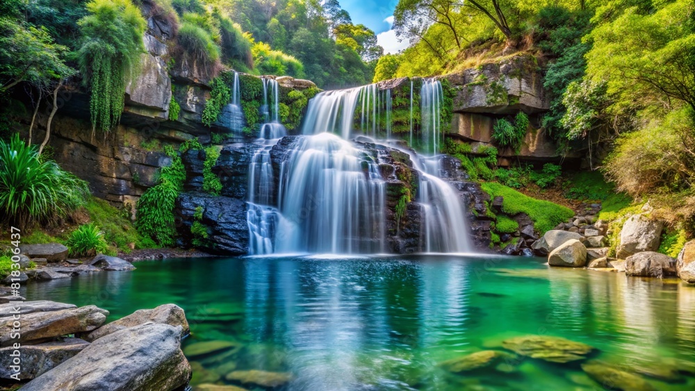 Fototapeta premium Generative ai. A picturesque waterfall cascading over multiple rock ledges into a clear, turquoise pool, surrounded by lush green foliage and trees under a bright blue sky.