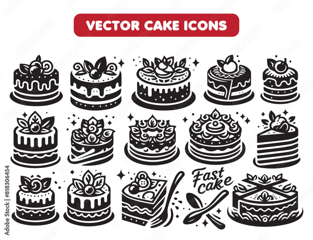 Bakery icon set of Glazed  cake, cupcake Icon Silhouette isolated on white. Vector black bakery icons collection, Dessert & bakery, Carbohydrate, Food icon set.