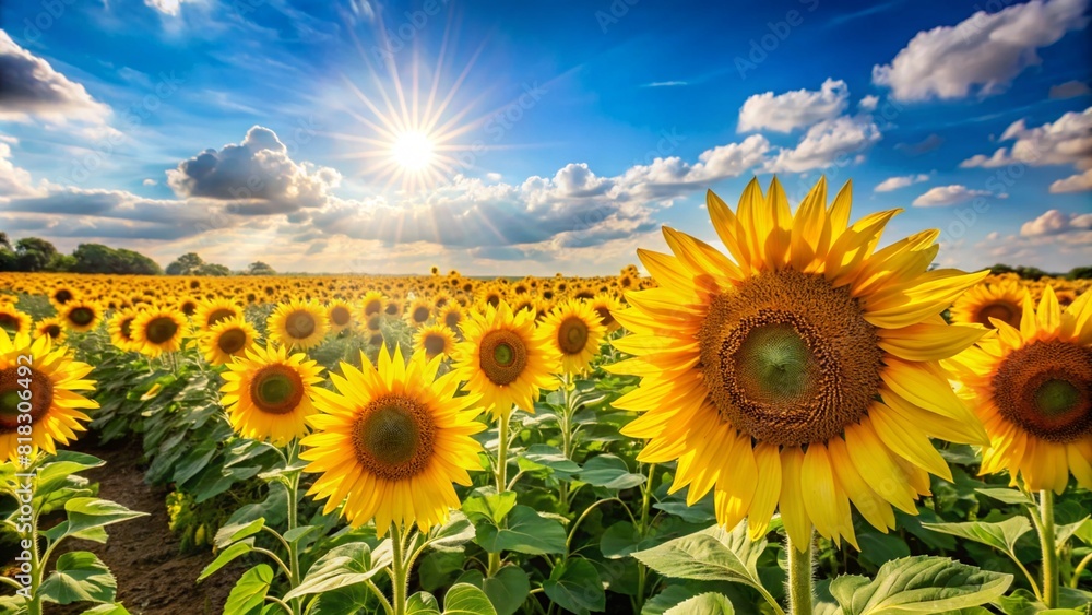 Fototapeta premium Generative ai. A vast sunflower field under a bright blue sky with scattered clouds. The sun is shining brightly, casting light over the vibrant yellow sunflowers that are blooming in abundance.
