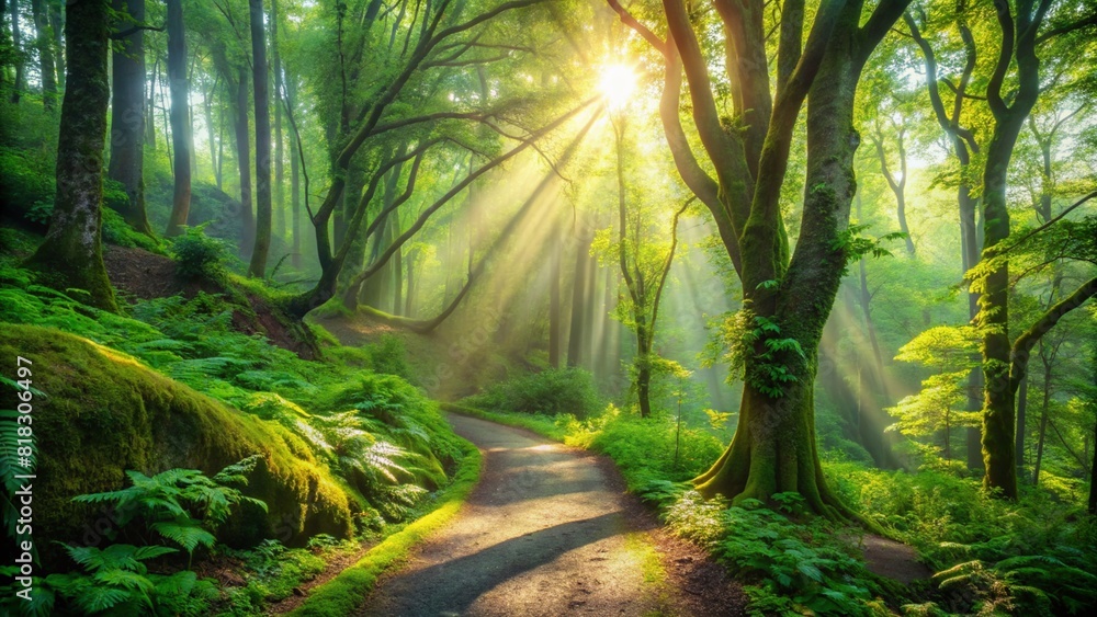 Generative ai. A sunlit forest with a winding path surrounded by lush green trees and ferns. Sun rays filter through the dense foliage, creating dappled light on the ground.