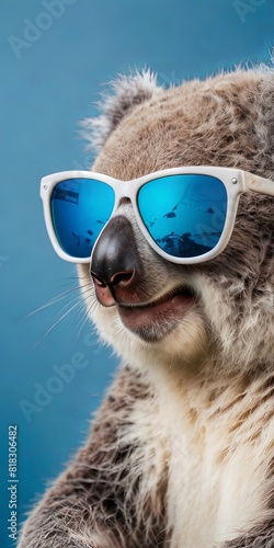 Potrait illustration of a cute koala wearing glasses to welcome the summer holidays with a blue beach background