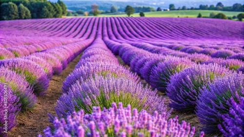 Generative ai. A vibrant lavender field with rows of blooming purple lavender plants stretching into the distance. The field is surrounded by green trees and rolling hills under a clear blue sky.