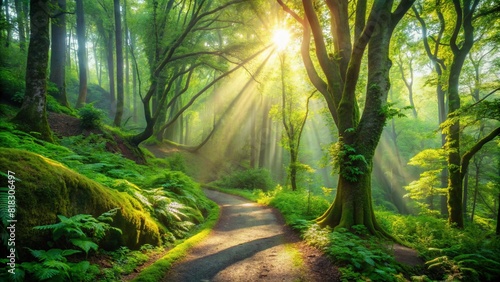 Generative ai. A sunlit forest with a winding path surrounded by lush green trees and ferns. Sun rays filter through the dense foliage  creating dappled light on the ground.