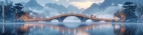 Elegant Arched Bridge with Golden Lights Illuminating a Calm River at Evening in Watercolor