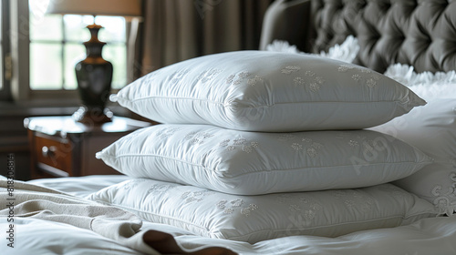 A stack of pillows placed on top of a neatly made bed photo