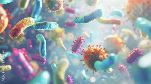 A colorful image of bacteria and viruses floating in the air