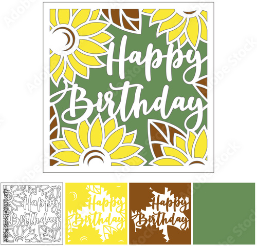 Happy birthday card with suflowers, Svg template for Cricut, Greeting card layered ppercut