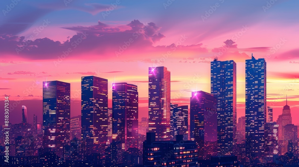 Stunning city skyline at dusk with vibrant colors and modern skyscrapers reflecting the sunset, creating a beautiful urban landscape.