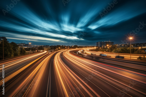 An abstract depiction of a bustling suburban highway at evening  illuminated by moonlight  with motion blur and mesmerizing light trails