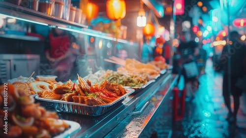 Fototapeta Naklejka Na Ścianę i Meble -  Vibrant street food market at night with colorful lights, showcasing a variety of freshly cooked dishes in an urban setting.