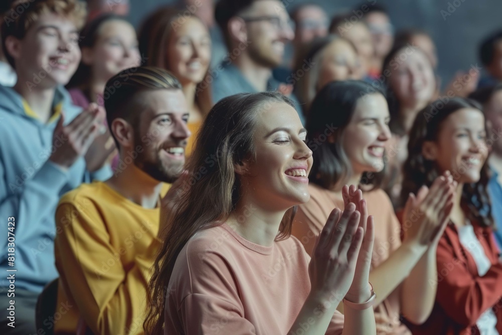 Obraz premium Applauding people. Happy satisfied audience joyfully applauding during business conference or seminar. Side view portrait of smiling men and women clapping their hands. Panoramic web banner.