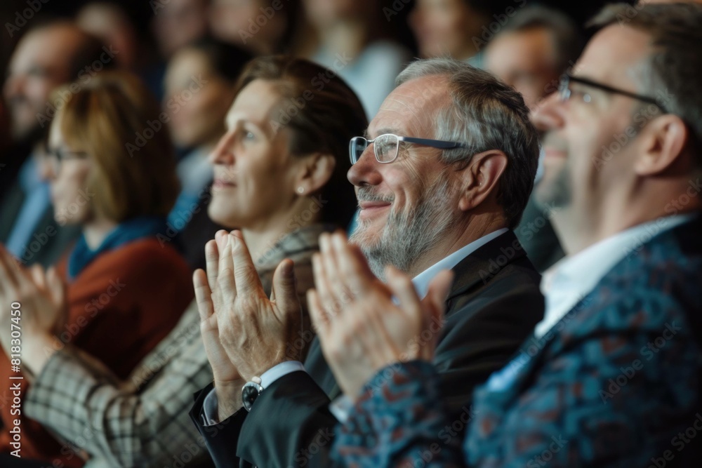 Fototapeta premium Applauding people. Happy satisfied audience joyfully applauding during business conference or seminar. Side view portrait of smiling men and women clapping their hands. Panoramic web banner.