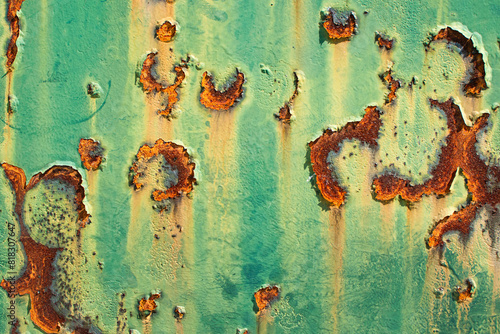 Imagen horizontal de un metal pintado de verde oxidado y viejo desgastado por el tiempo con huecos ideal para textura urbana o industrial photo
