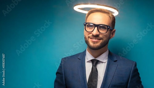  Arrogant young narcissist man in a fashion suit and in glasses looking up at camera  photo