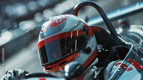 A racing driver is wearing a helmet with a red stripe photo