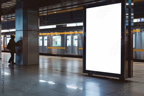 A sleek, modern digital display sits blank, awaiting advertisements in the heart of the train terminal.