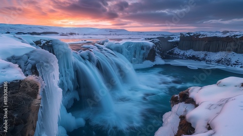 Radiant Turquoise Waterfalls Cascading Over Frozen Cliffs at Dawn
