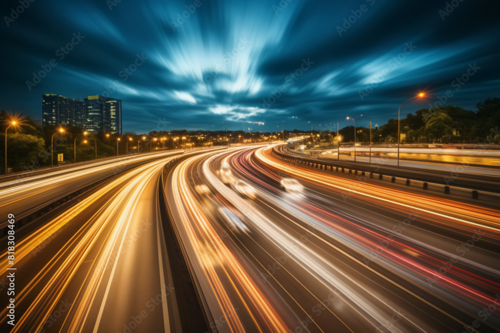 An abstract depiction of a bustling suburban highway at evening, illuminated by moonlight, with motion blur and mesmerizing light trails An abstract depiction of a bustling suburban highway at evening, illuminated by moonlight, with motion blur and mesmerizing light trails