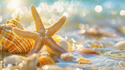 Stunning close up of starfish and seashells in sunlit  shallow waters  highlighting the richness of coastal marine ecosystems. Great for environmental blogs.