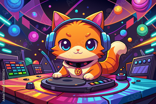 Vector cute cat playing music cartoon vector icon illustration
