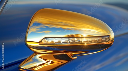 Sleek golden car mirror on an azure backdrop - essential for vehicle safety and visibility