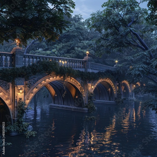Tranquil Twilight A D Rendered Perspective of a Historic Bridges Softly Lit Arches and Reflective River