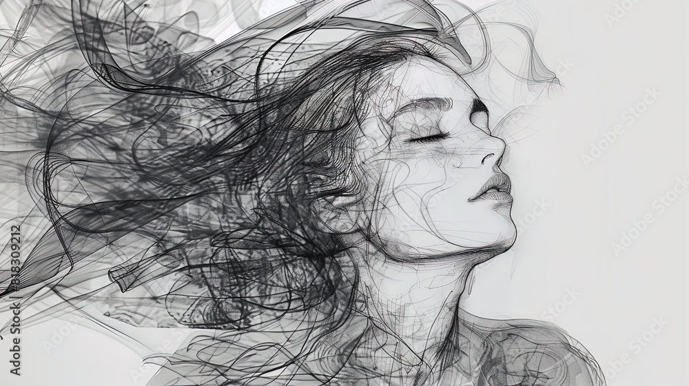 Abstract illustration of a woman's face with closed eyes, surrounded by swirling black lines. Digital art portrait in monochrome. Concept of introspection and meditation. Abstract illustration of a woman's face with closed eyes, surrounded by swirling black lines. Digital art portrait in monochrome. Concept of introspection and meditation.
