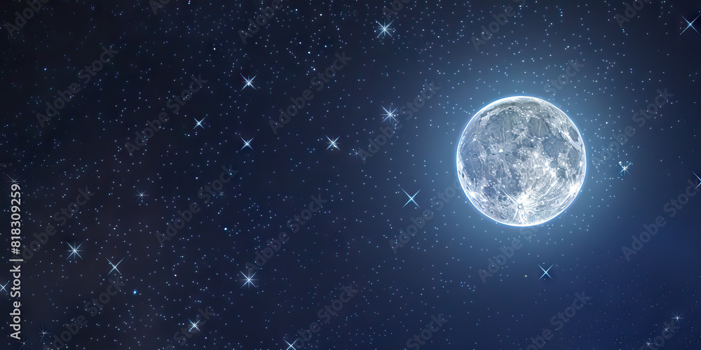 The stars twinkle brightly above as a full moon rises, illuminating the night with its ethereal glow The stars twinkle brightly above as a full moon rises, illuminating the night with its ethereal glow