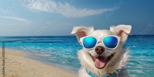 Potrait illustration of a cute dog chihuahua wearing glasses to welcome the summer holidays © sanstudio