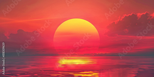 A vibrant red sun dips below the horizon  casting a warm hue across the sky. 