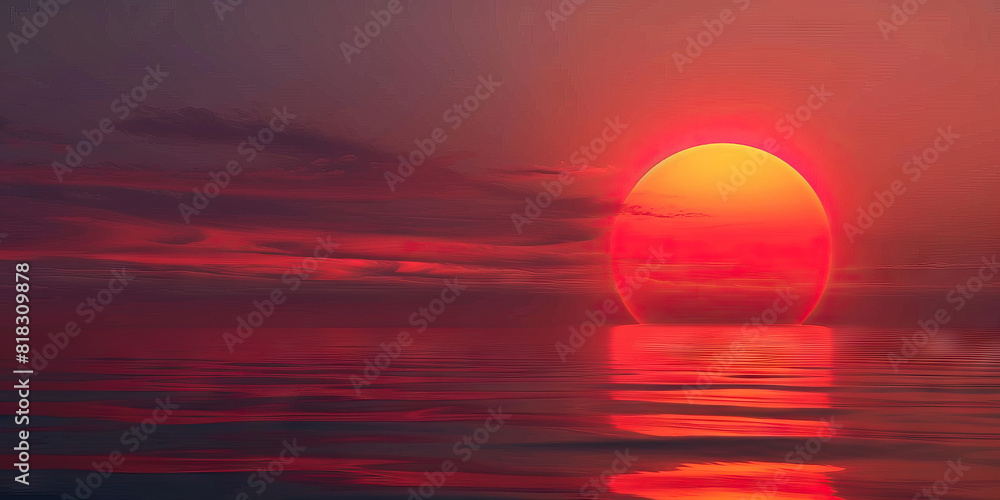 A vibrant red sun dips below the horizon, casting a warm hue across the sky. A vibrant red sun dips below the horizon, casting a warm hue across the sky.