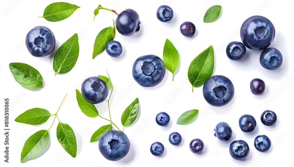 Set with fresh ripe blueberries and green leaves isolated in white Set with fresh ripe blueberries and green leaves isolated in white