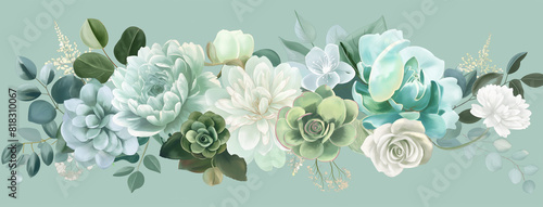 Verde sábio prateado, menta, azul, flores brancas vector design buquês de primavera. Peônia, rosa, dália, hortênsia, suculenta photo